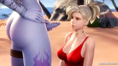 The Widowmaker takes aim with his rifle and fires a shot that hits the Mercy right in her sweet spot, causing her to moan in pleasure