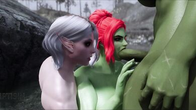 Curvy Elf and a Half-Orc were pounded by an Orc Futanaris Monstrous Dick
