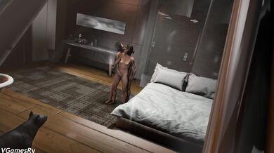 Two hot lesbian girls Ellie and Judy plus their adorable dog, Rufus, playing naughty games in the bedroom