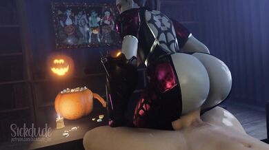 Watch as sexy cosplayer, Widowmaker, rides her Halloween pumpkin!