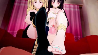 Two goddesses of the underworld, Ishtar and Ereshkigal, engage in a steamy double footjob scene that will leave you breathless!