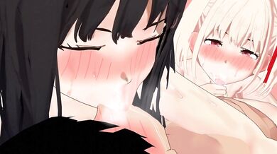 Takina and Chisato getting their mouths filled with cum after deepthroat blowjob and passionate french kissing