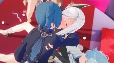 The beautiful Shenhe is drunk and wants to have fun! She meets a handsome young man from Genshin Impact and they start having wild sex on the street