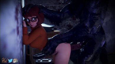 Velma Dinkley is getting fucked against the wall in a dark alleyway by a mysterious helmet-wearing stranger