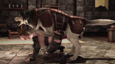 Watch as this Skyrim fan reenacts their favorite fantasy game with a lovable canine companion in this hot hentai video!