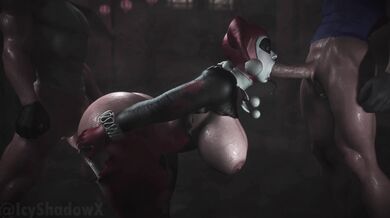 This hentai porn video features Harley Quinn, a DC Comics villain, being spit-roasted by a group of men in high definition 4k resolution