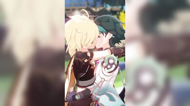 The two strangers tongues intertwine, the heat of their passion igniting as they kiss with fiery intensity