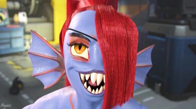 Undyne, the Undying Knight with a bone in her mouth!