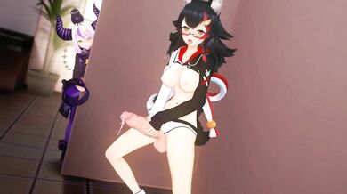 A young girl named Mio masturbates in front of a camera while dressed as a wolf