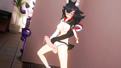 A young girl named Mio masturbates in front of a camera while dressed as a wolf