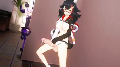 A young girl named Mio masturbates in front of a camera while dressed as a wolf