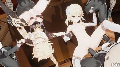 The Twin Goddesses Aether and Lumine Get Double Penetrated by Hilichurls in an Ethereal Orgy!