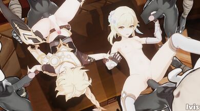 The Twin Goddesses Aether and Lumine Get Double Penetrated by Hilichurls in an Ethereal Orgy!