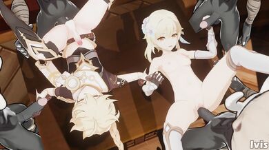 The Twin Goddesses Aether and Lumine Get Double Penetrated by Hilichurls in an Ethereal Orgy!