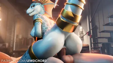 Licking and riding the hard cock of a sexy lizard, she moans as he pounds into her wet pussy