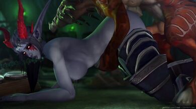 Forbidden love between a dark elf and her felhound lover in the misty woods