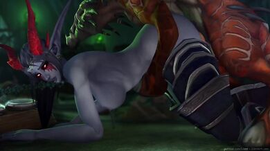 Forbidden love between a dark elf and her felhound lover in the misty woods