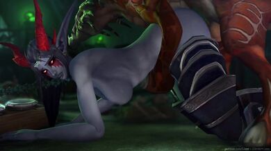 Forbidden love between a dark elf and her felhound lover in the misty woods