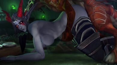 Forbidden love between a dark elf and her felhound lover in the misty woods