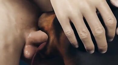 The deep throat of the bitch, as she is mounted by a strong dog