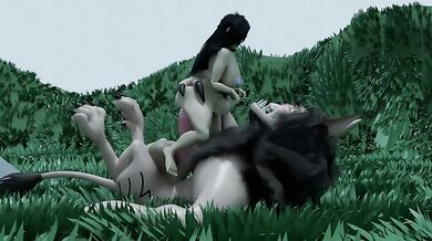 A werewolf is banging a girl in the middle of a forest, but all sounds are silent due to an enchantment that protects them from being heard