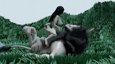 A werewolf is banging a girl in the middle of a forest, but all sounds are silent due to an enchantment that protects them from being heard