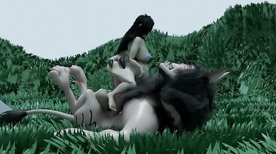 A werewolf is banging a girl in the middle of a forest, but all sounds are silent due to an enchantment that protects them from being heard