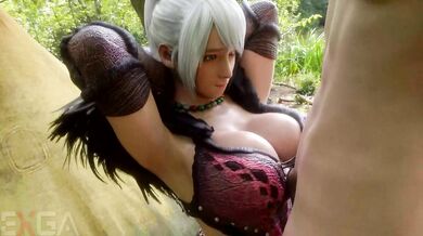 The beastly Anjanath, lying on the ground and enjoying his cumshot while being worshiped by a group of Exeggutors