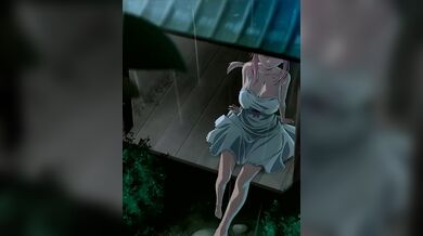 Pornstars sitting and watching the rain in the garden, getting wet and wild