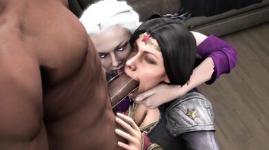 Watch as Wonder Woman and Sindel help each other with their hands in a sexy hot scene that will leave you breathless!