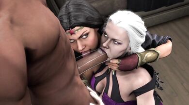 Watch as Wonder Woman and Sindel help each other with their hands in a sexy hot scene that will leave you breathless!