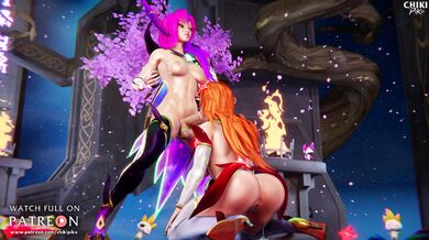 The Star Guardian and Xayah receive a blowjob from Miss Fortune in the Cosmic Orchid