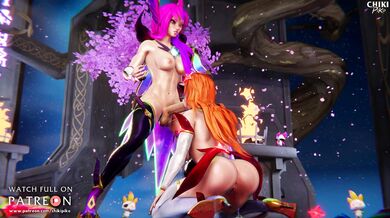 The Star Guardian and Xayah receive a blowjob from Miss Fortune in the Cosmic Orchid
