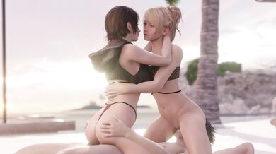A threesome on the beach with Iris and Luna, featuring a sexy beach babe and her two hot friends.