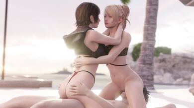 A threesome on the beach with Iris and Luna, featuring a sexy beach babe and her two hot friends.