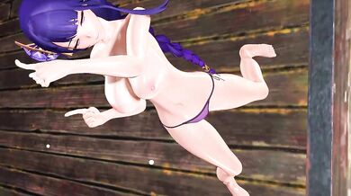 A Raiden Shogun sword is inserted into a donut hole in this animated MMD porn video