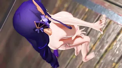 A Raiden Shogun sword is inserted into a donut hole in this animated MMD porn video