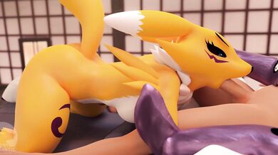 A hot Renamon takes a big cock in her mouth and sucks hard while getting fucked from behind by a furry lover who is also into the same kink