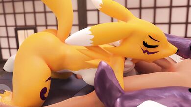 A hot Renamon takes a big cock in her mouth and sucks hard while getting fucked from behind by a furry lover who is also into the same kink
