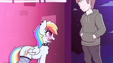 Amidst the dark sky, a rainbow shines brightly Two lovers find themselves lost in the night