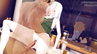 Sweet little cafe girl gets fucked in her ass by two muscular men while enjoying a hot cup of coffee, in a seedy Tokyo street called Shenhe