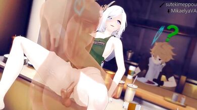 Sweet little cafe girl gets fucked in her ass by two muscular men while enjoying a hot cup of coffee, in a seedy Tokyo street called Shenhe