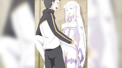 Seductive Subaru takes Emilia from behind while she stands in the office