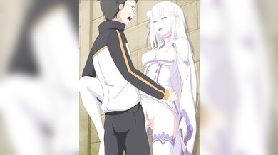 Seductive Subaru takes Emilia from behind while she stands in the office