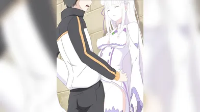Seductive Subaru takes Emilia from behind while she stands in the office