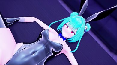 "In a secluded chamber, Rushia ver. (Bunny Suit) is intensively pleasuring herself."