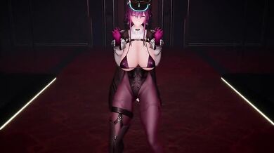 Young girl dances in a room full of feathers, while wearing a tight-fitting leather outfit.