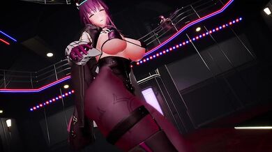 Young girl dances in a room full of feathers, while wearing a tight-fitting leather outfit.
