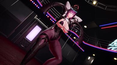 Young girl dances in a room full of feathers, while wearing a tight-fitting leather outfit.