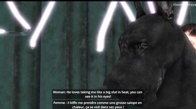 'The naughty slut gets fucked by multiple canines in front of a throng of voyeurs'